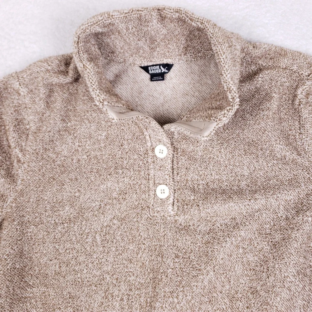 Eddie Bauer Fleece Pullover Sweater Womens Large Mock Neck Heathered Tan Cozy - Picture 2 of 8